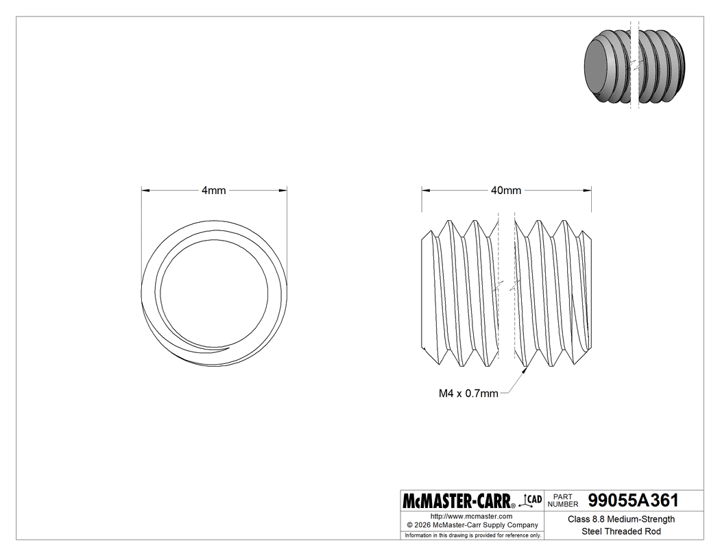 Technical Drawing of Class 8.8 Medium-Strength Steel Threaded Rod, M4 x 0.7 mm Thread Size, 40 mm Long.